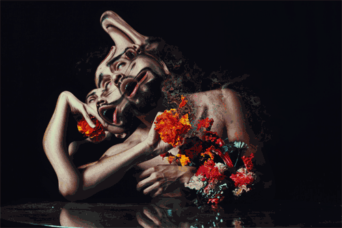A gif of an already distorted painting shifting and deforming; a man sits with flowers, warping forever.