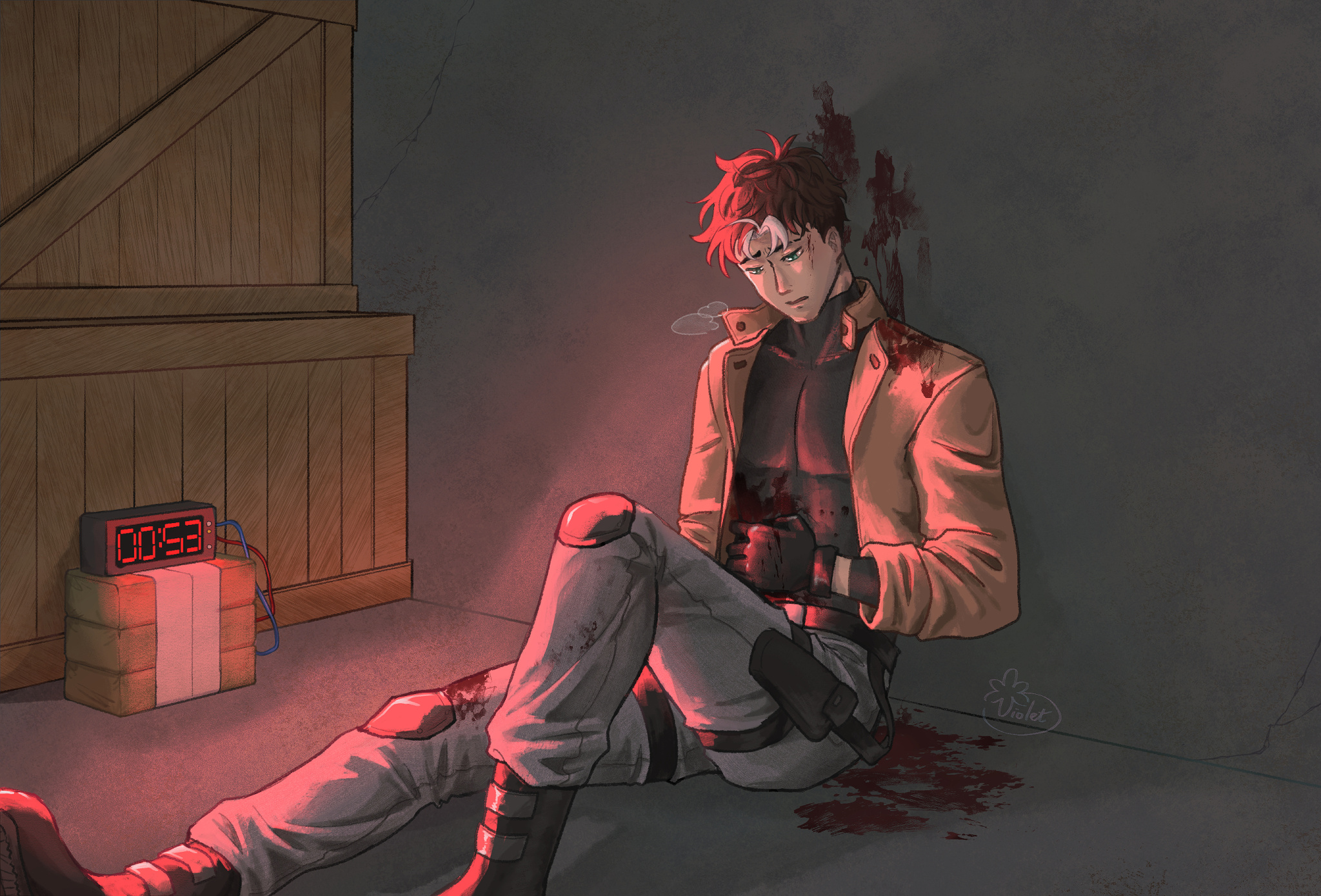 Digital painting of Jason inside a warehouse. He is injured and leaning against the wall, head tilted down and panting. The scene is dark, only illuminated by the red glow of a bomb's timer. There are blood splatters on the wall and floor next to Jason. Artist: violet-maydaylily