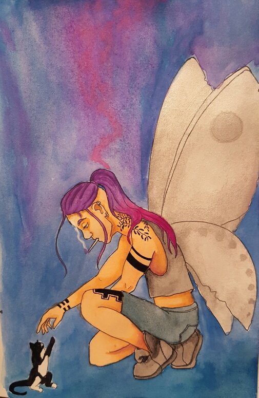 watercolor painting of fairy moth punk boy with purple and pink hair reaching out to pet a kitten