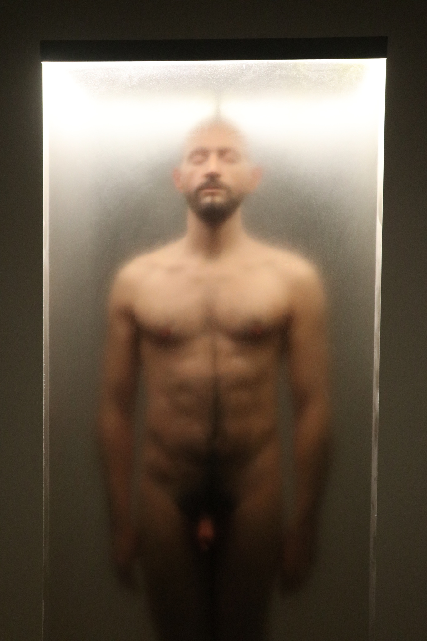 玻璃罩內的男人雕塑呈現一種靜謐、安詳。(攝影/墨子卿)