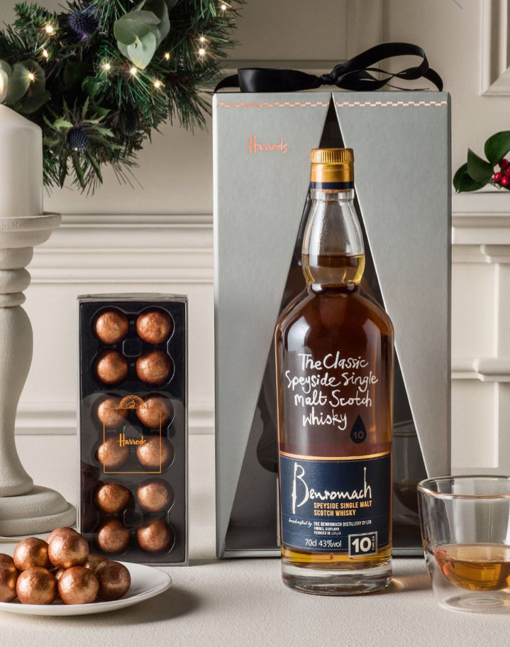 Gift set of whiskey and chocolate truffles.