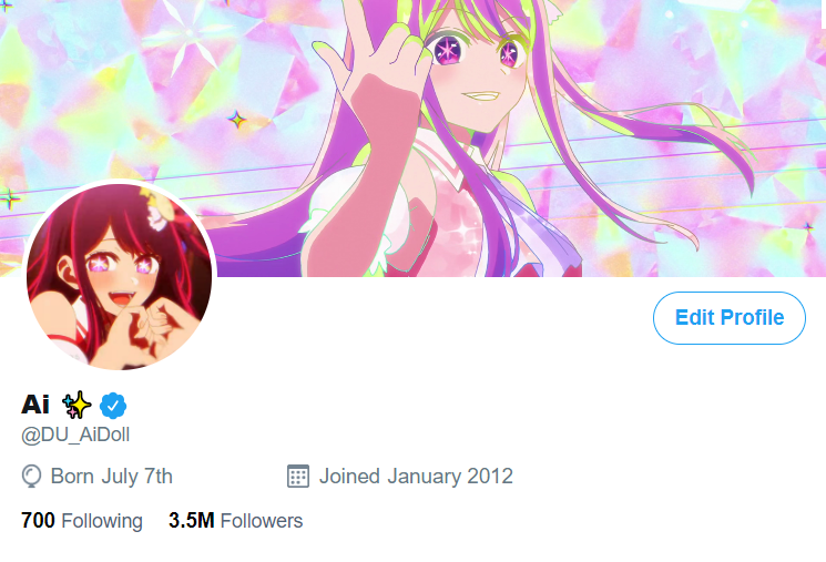 A fake screenshot of Ai's in-universe twitter profile