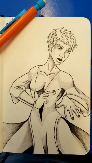 a woman with short hair, in a battle pose