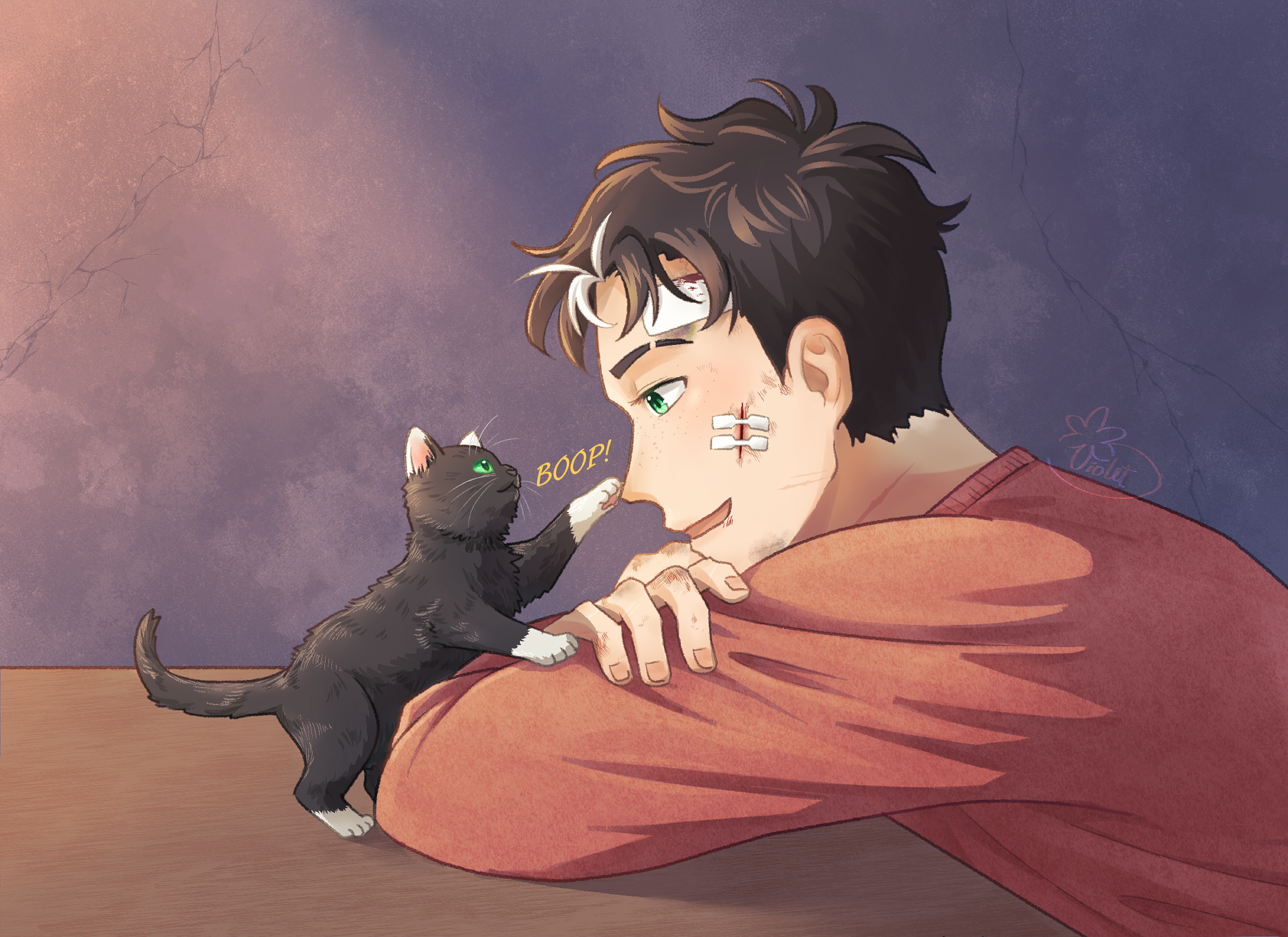 Digital painting of Jason getting his nose booped by his tiny kitten. Jason is in a red sweater, arms folded on the table. His face is covered in bruises and bandages, but he is smiling. The cat has black fur with white trims on her ears and paws. Artist: violet-maydaylily