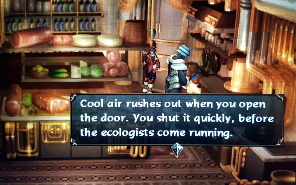 BKO screencap: 'Cool air rushes out when you open the door. You shut it quickly, before the ecologists come running.'